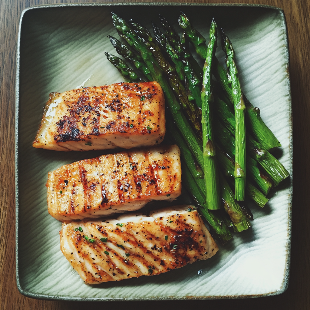 Gegrillter Fisch und Spargel auf einem Teller | Quelle: Midjourney