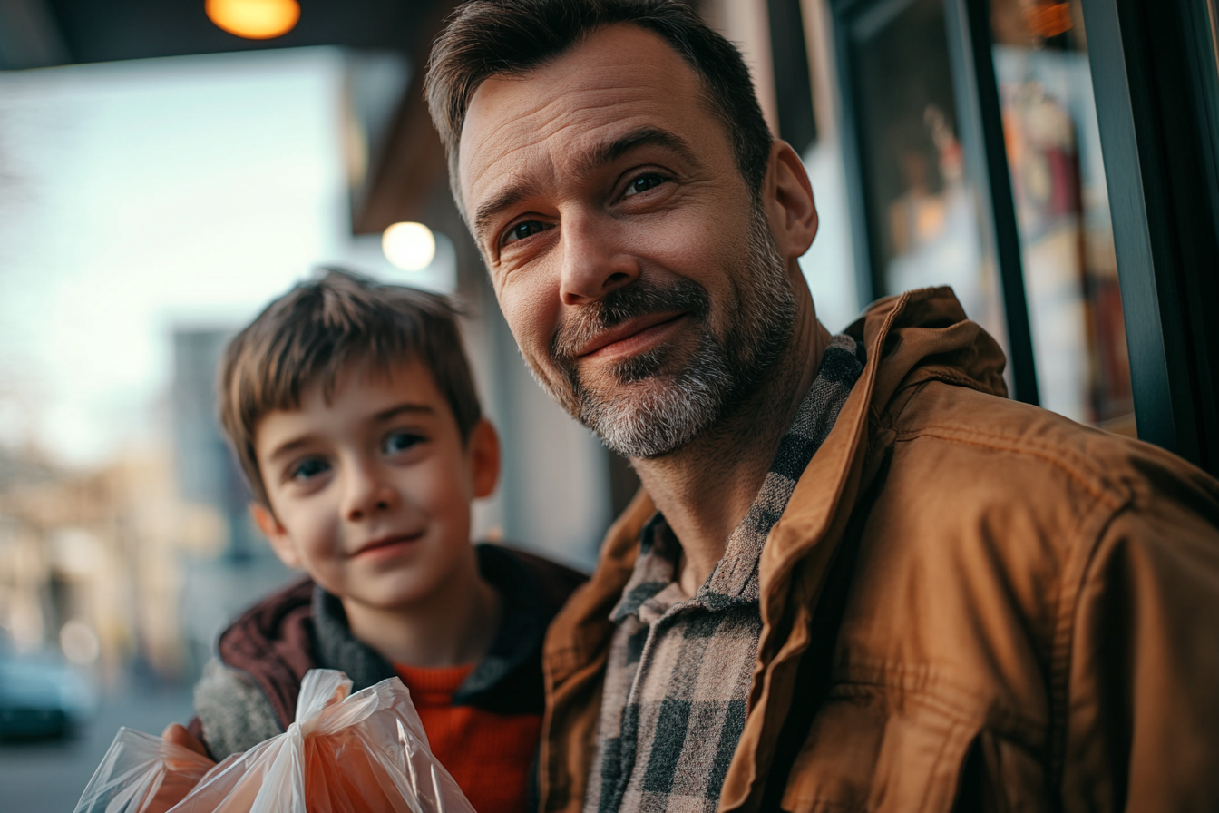 Ein Mann und sein Sohn verlassen einen Laden | Quelle: Midjourney