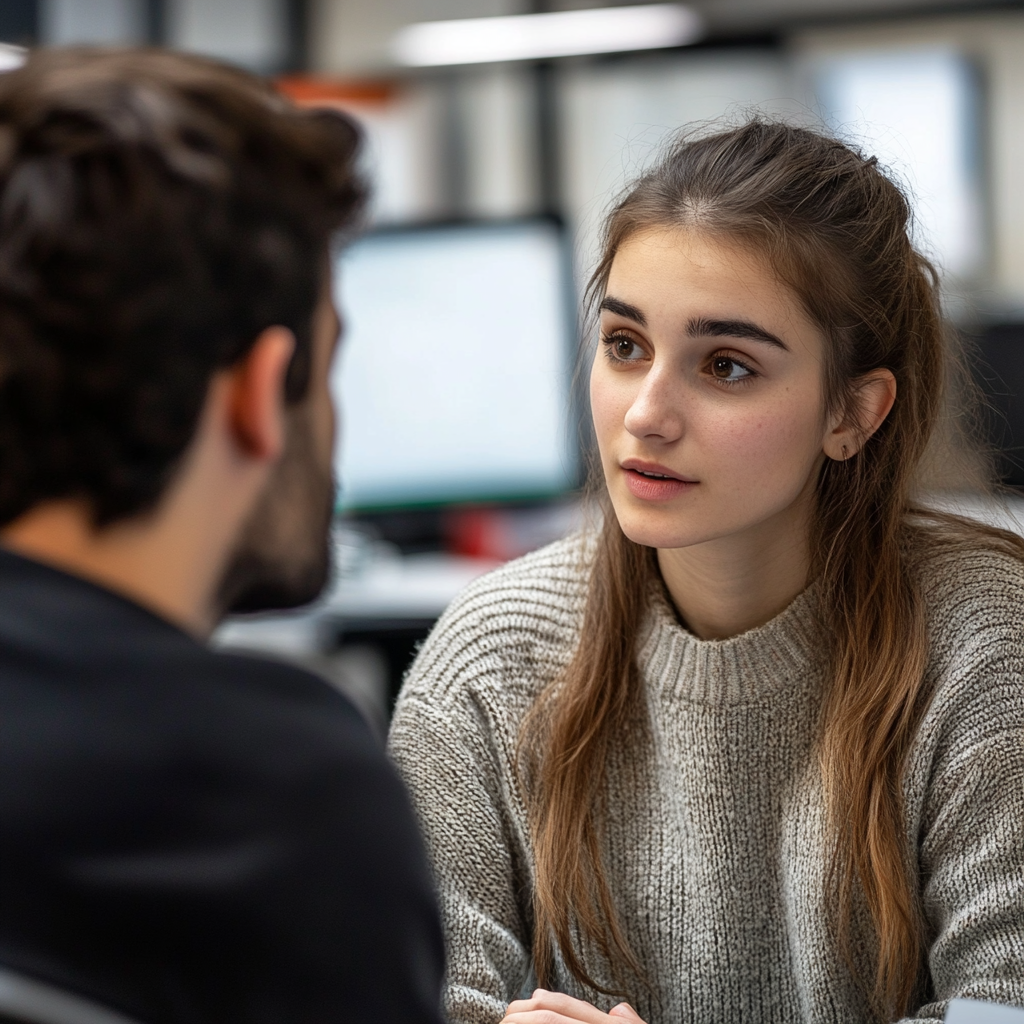 Eine junge Frau im Gespräch mit einem Labortechniker | Quelle: Midjourney