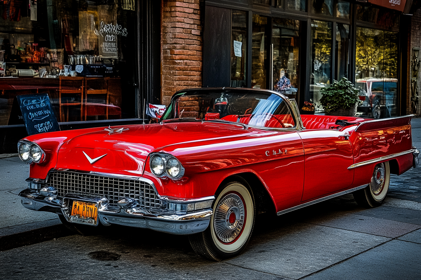 Ein altes rotes Cabrio auf der Straße | Quelle: Midjourney