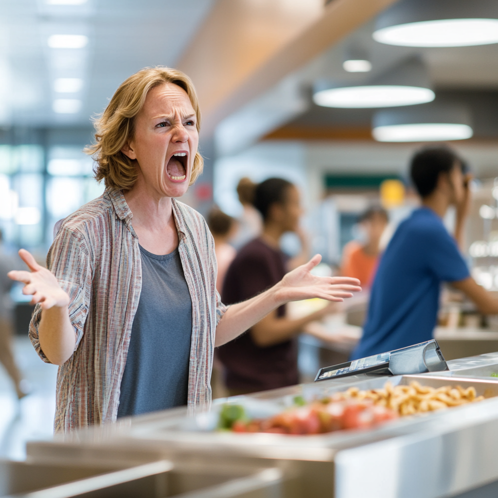 Eine wütende Kassiererin mittleren Alters, die schreiend in einer College-Cafeteria steht | Quelle: Midjourney