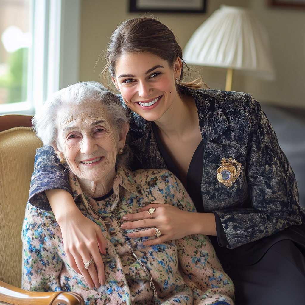 Eine elegant gekleidete Frau umarmt eine ältere Dame in einem Pflegeheimzimmer | Quelle: Midjourney