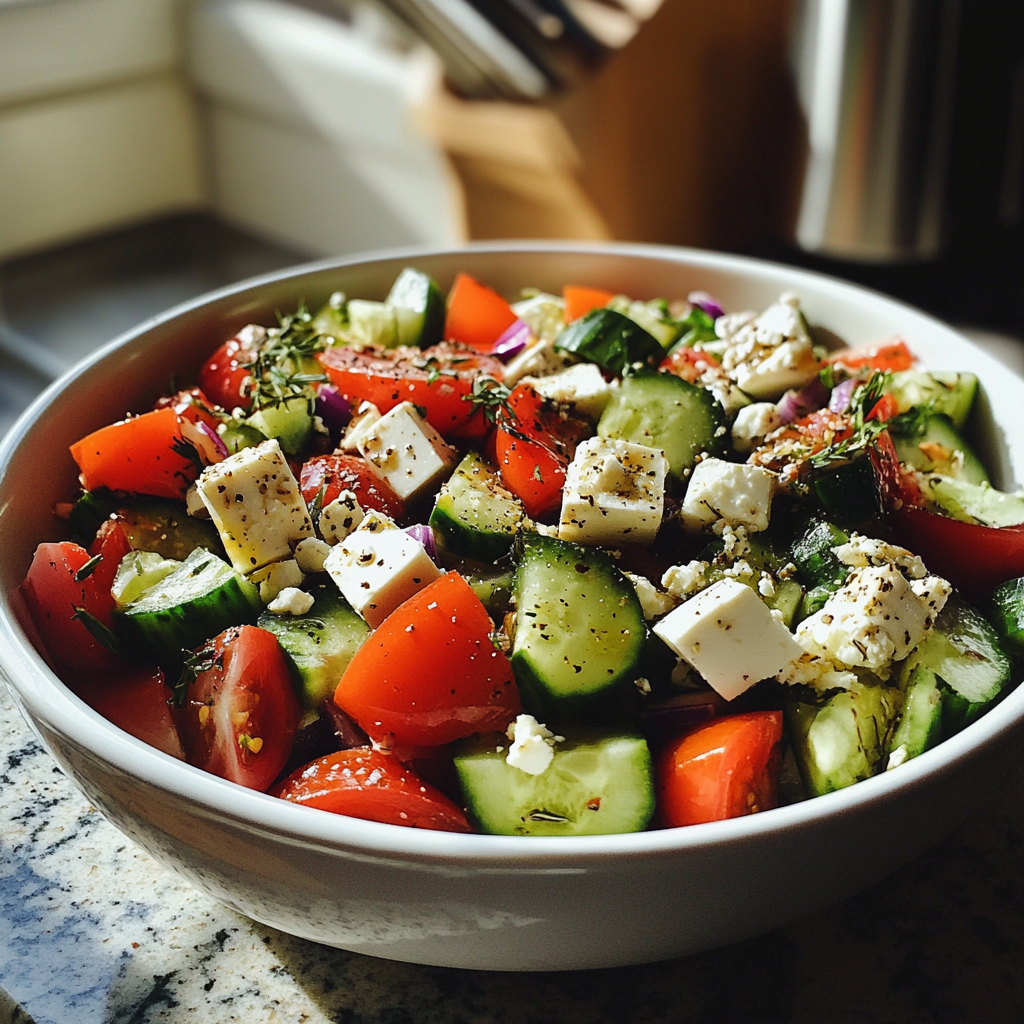Ein griechischer Salat auf einer Küchentheke | Quelle: Midjourney