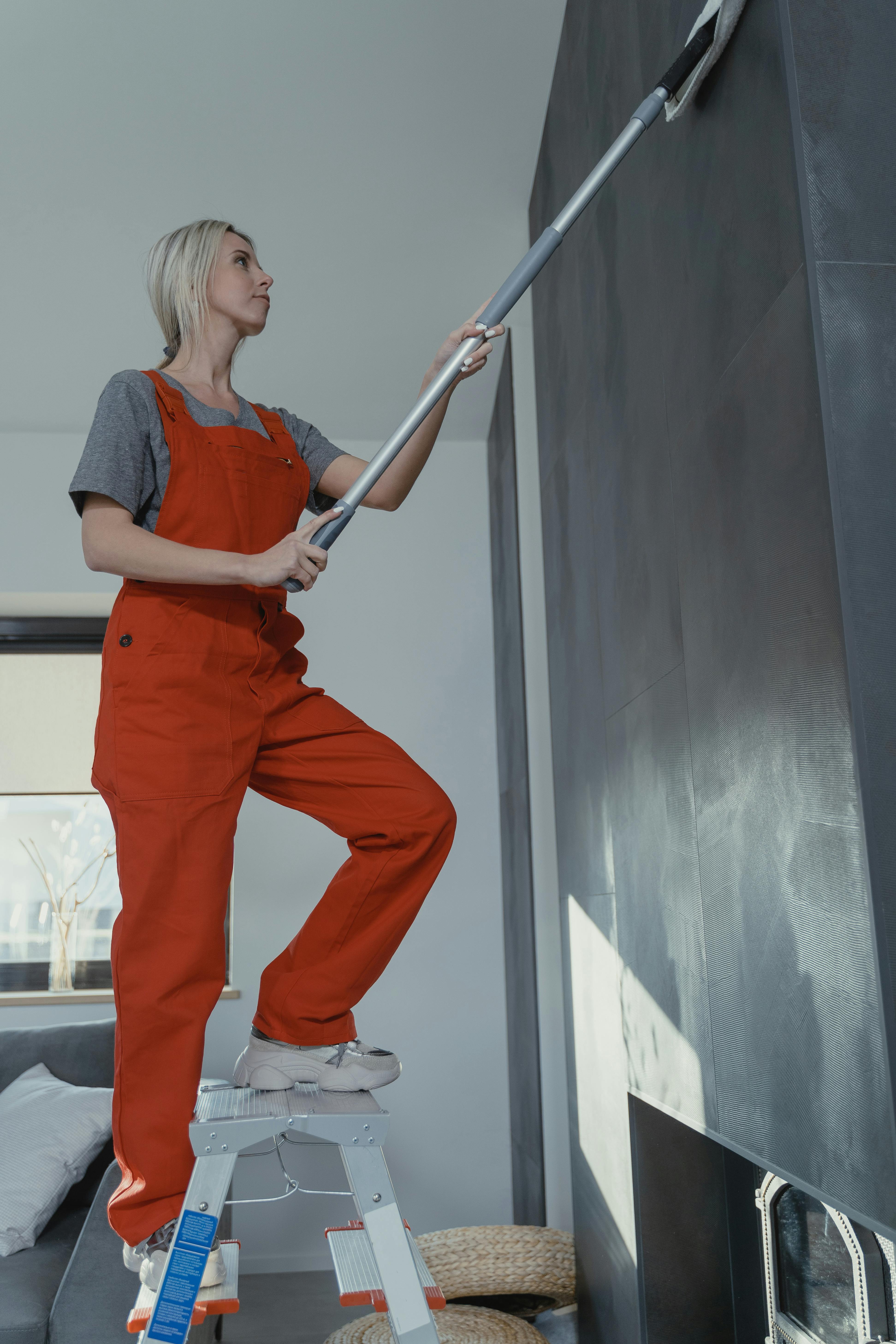 Frau wischt die Wand, während sie auf einer Leiter steht | Quelle: Pexels