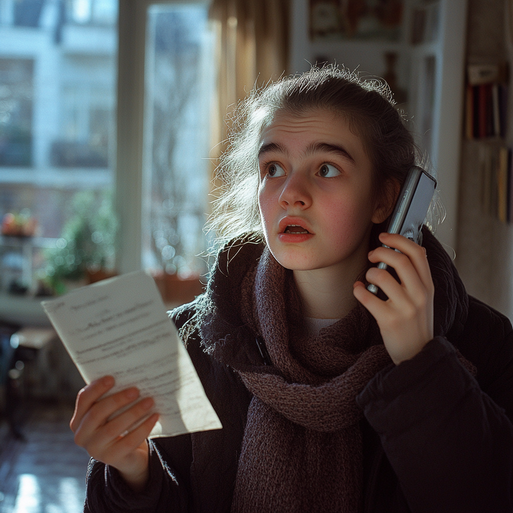 Eine geschockte junge Frau hält einen Brief in der Hand, während sie die Polizei ruft | Quelle: Midjourney