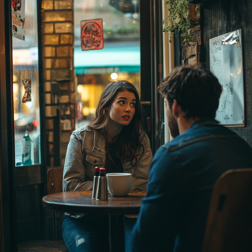 Eine Frau im Gespräch mit ihrem Freund in einem Café | Quelle: Midjourney