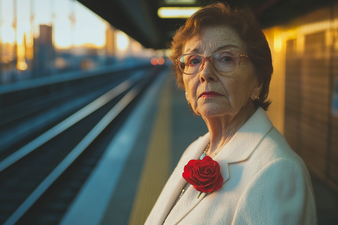 Eine ältere Frau, die in einem Bahnhof wartet und eine weiße Jacke mit einer roten Rose am Revers trägt | Quelle: Midjourney