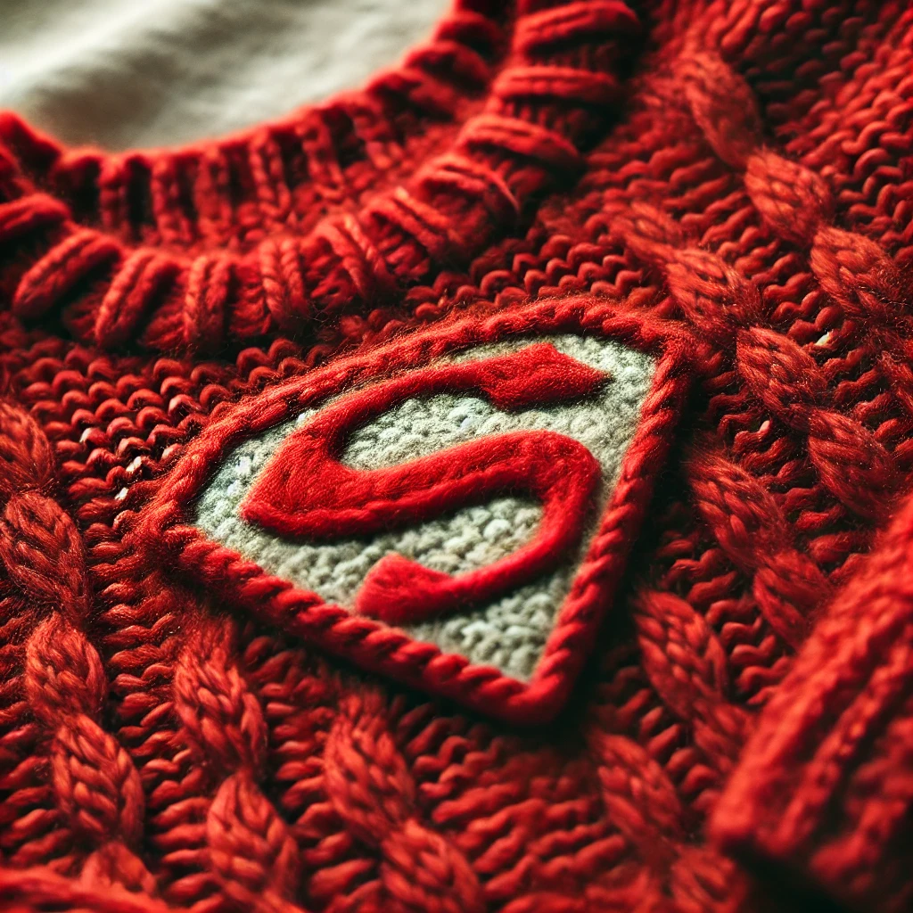 Ein gestrickter Pullover mit einem Superhelden-Emblem | Quelle: DALL-E