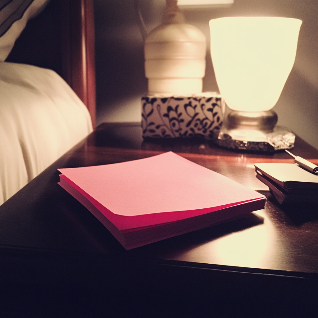 Ein rosa Post-it-Block auf einem Nachttisch | Quelle: Midjourney