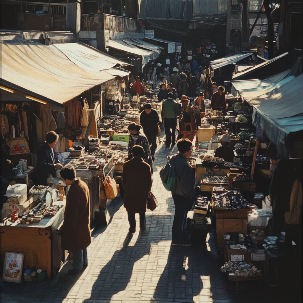 Ein geschäftiger Flohmarkt | Quelle: Midjourney