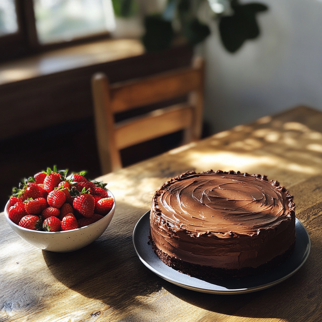Ein Schokoladenmousse-Kuchen und eine Schüssel Erdbeeren auf einem Tisch | Quelle: Midjourney