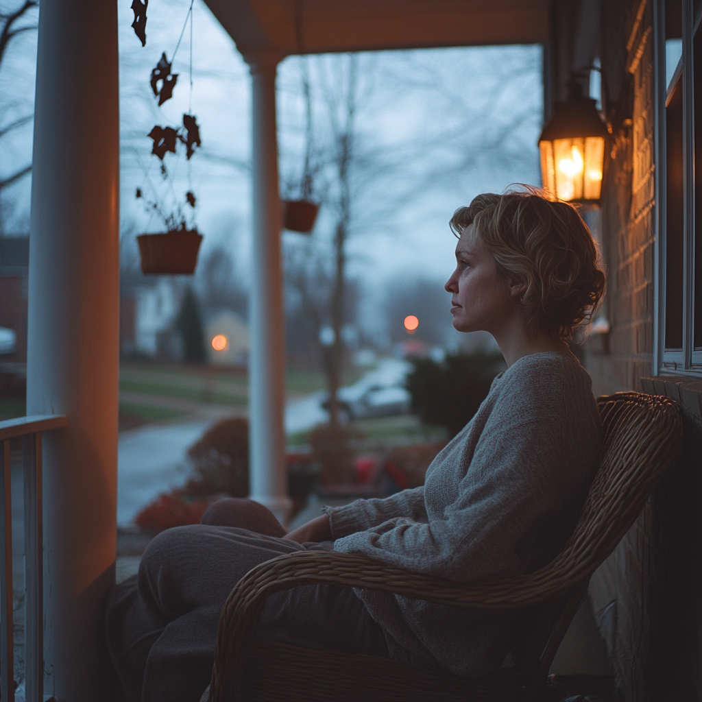 Eine Frau sitzt auf ihrer Veranda | Quelle: Midjourney