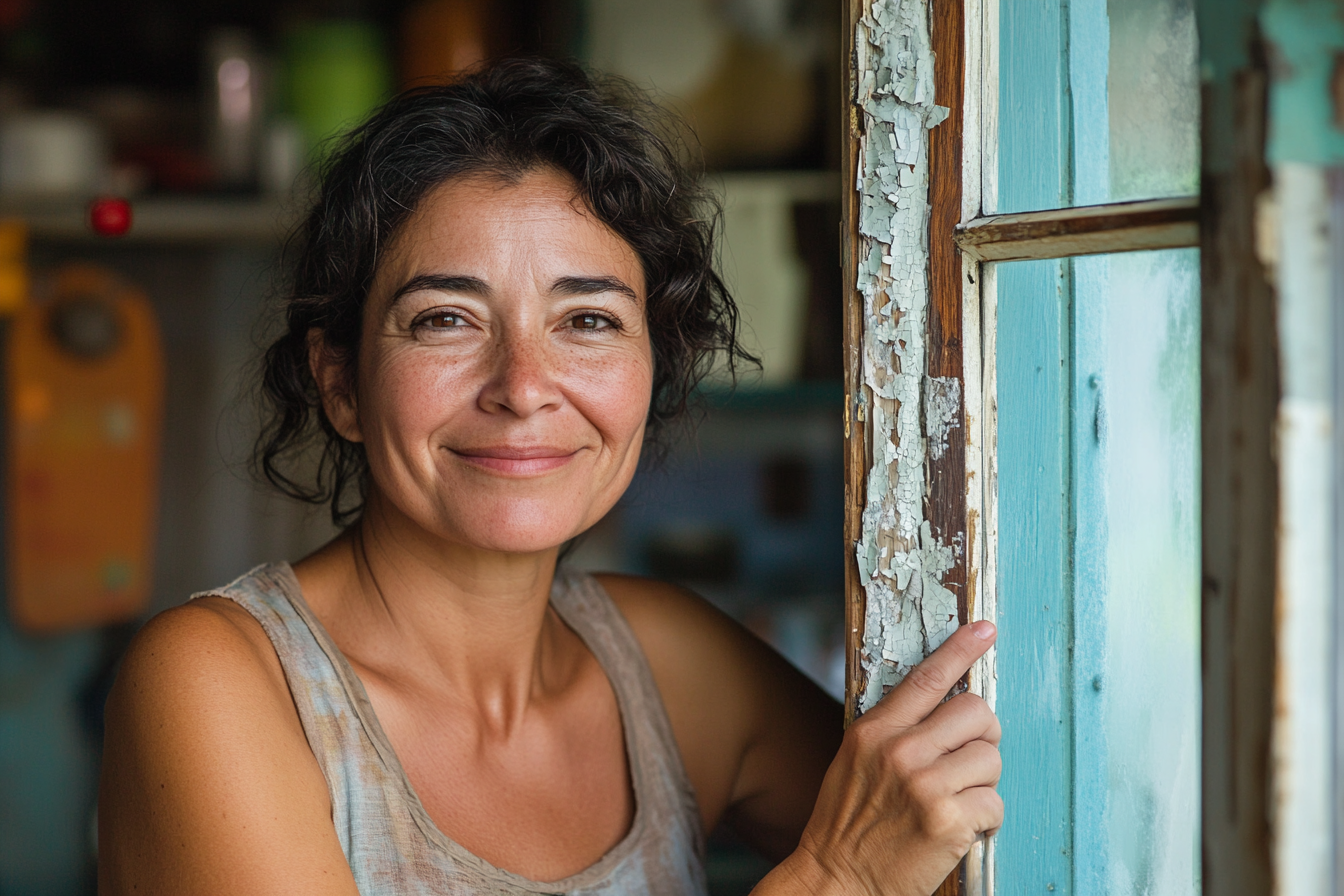 Eine Frau, die stolz lächelt, während sie neben einem Fensterrahmen mit abblätternder Farbe steht | Quelle: Midjourney