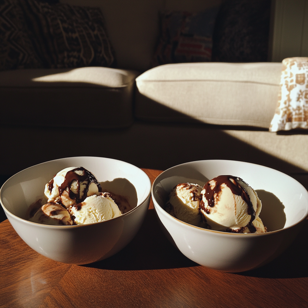Schüsseln mit Eis auf einem Couchtisch | Quelle: Midjourney