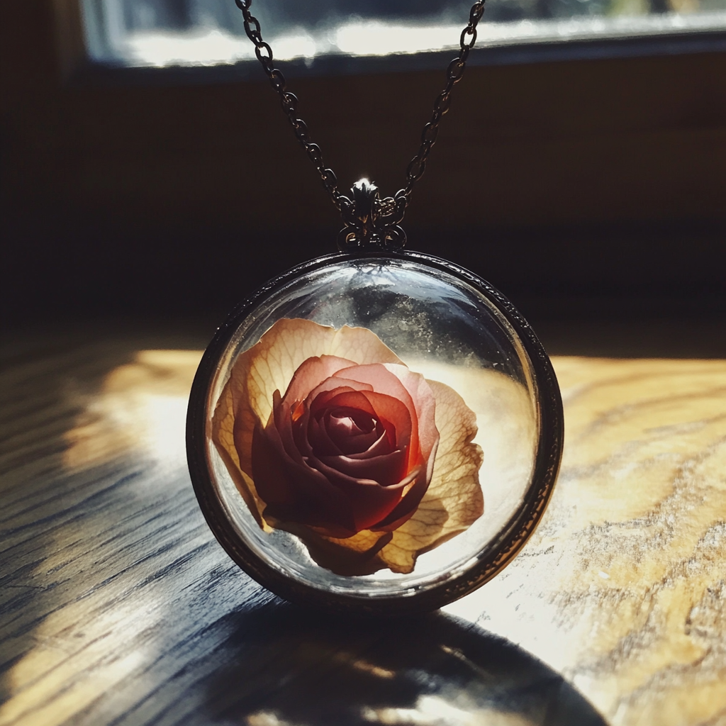Eine gepresste Blume in einem Glasmedaillon | Quelle: Midjourney