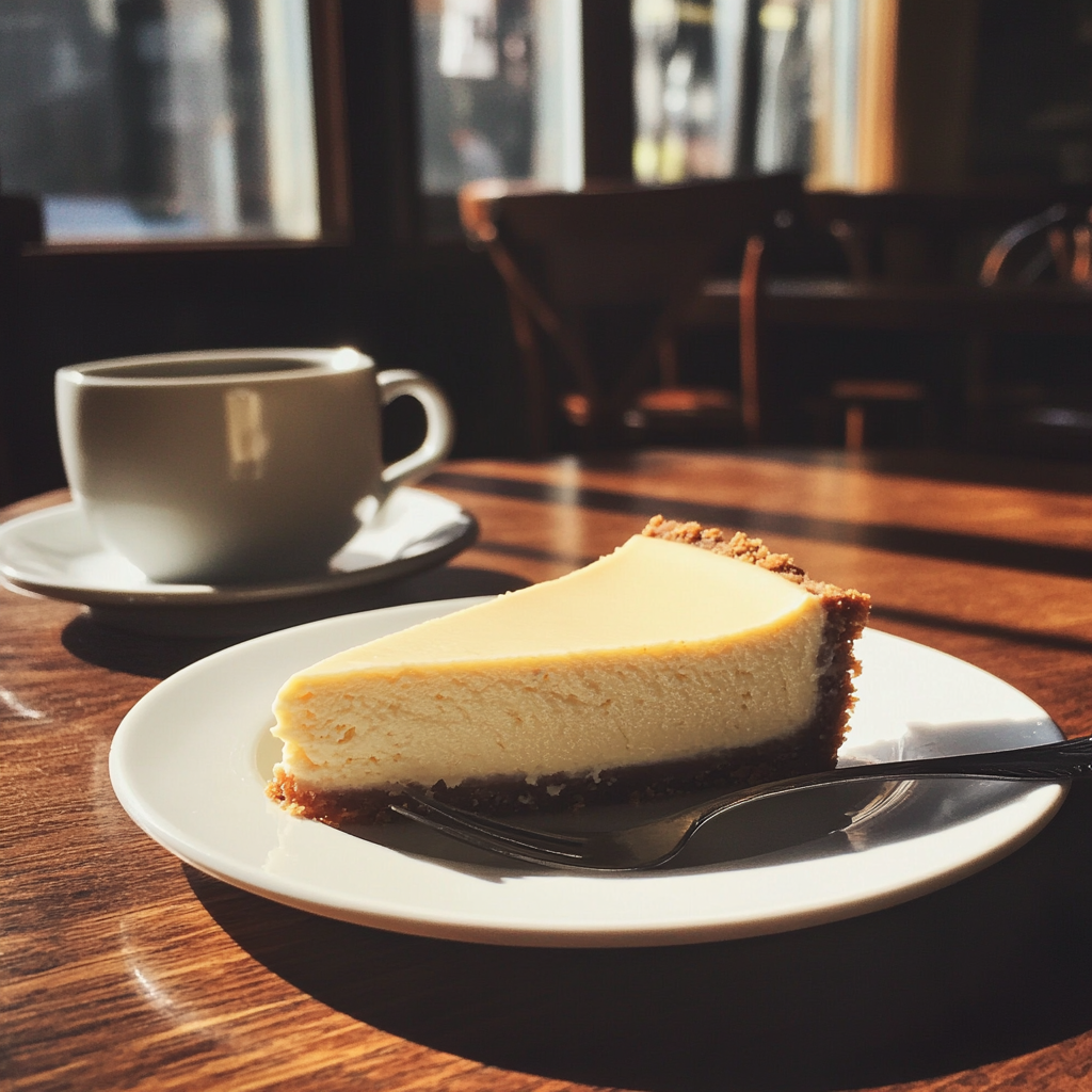 Ein Stück Käsekuchen auf einem Tisch | Quelle: Midjourney