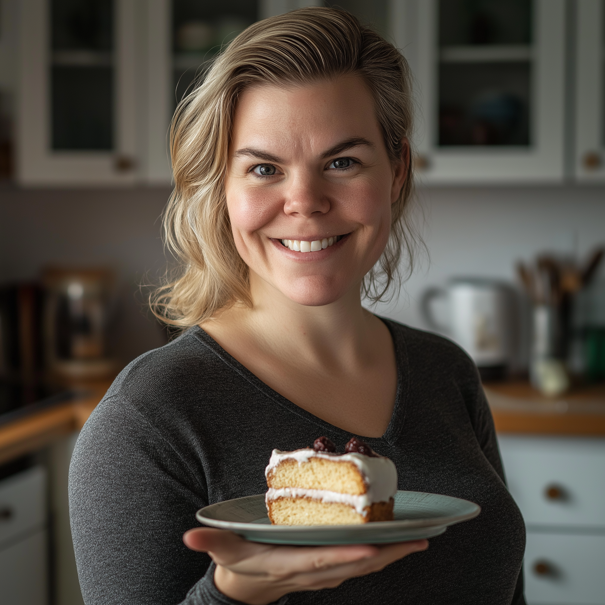 Eine Frau lächelt, während sie ein Stück Kuchen hält | Quelle: Midjourney