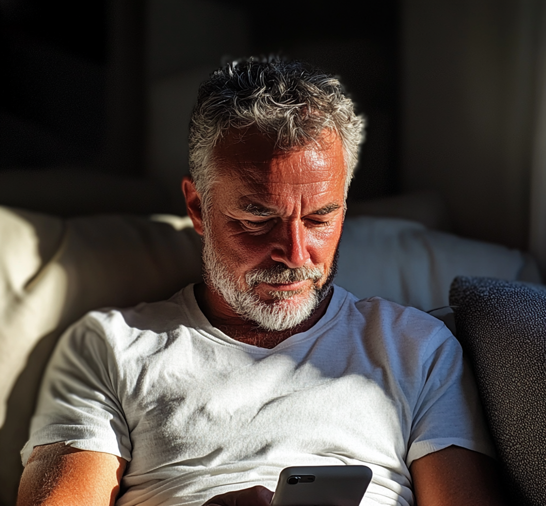 Ein Mann sitzt auf einer Couch und benutzt sein Telefon | Quelle: Midjourney