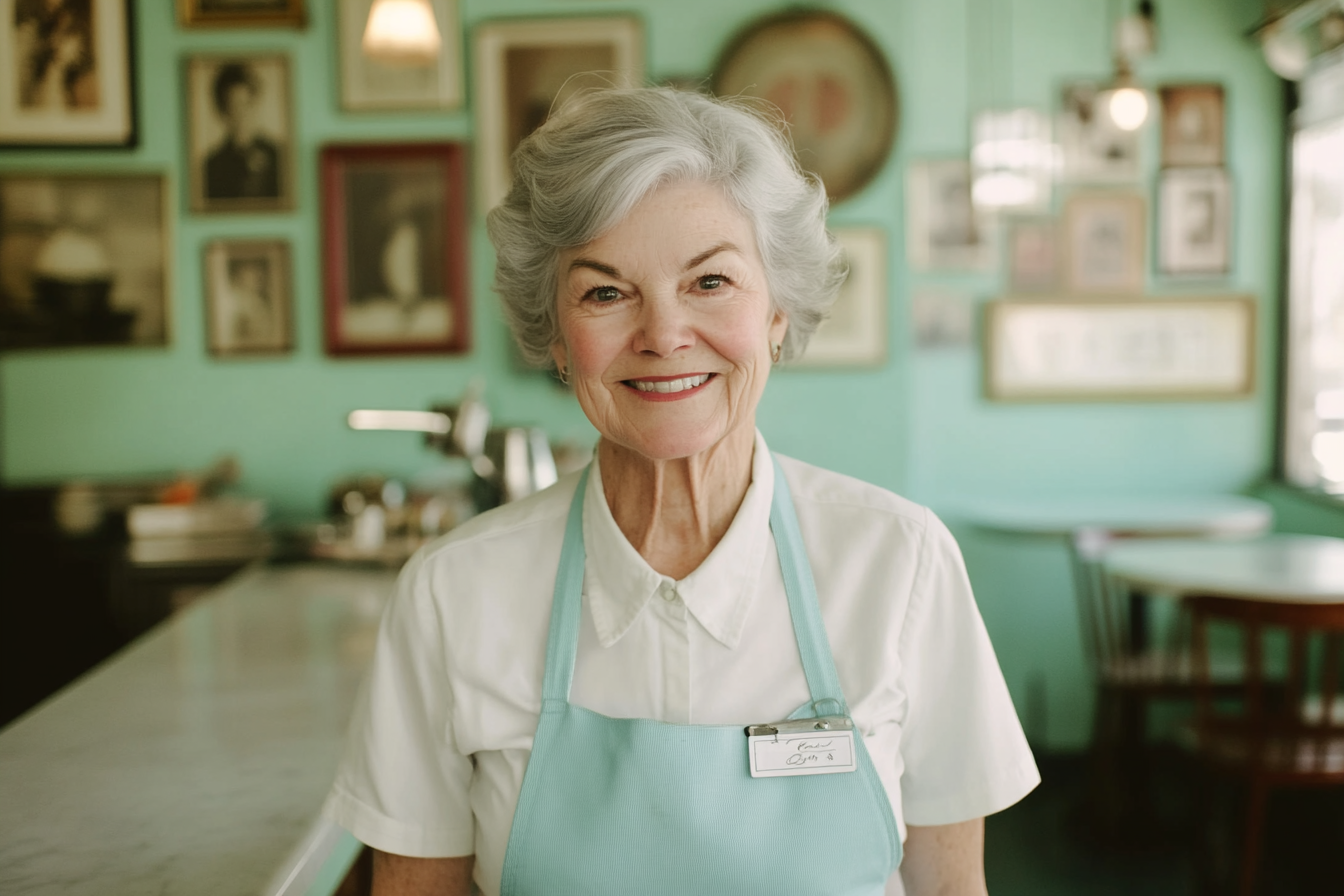 Frau in den 50ern in einer Kellnerinnen-Uniform in einem Café mit einem freundlichen Lächeln | Quelle: Midjourney