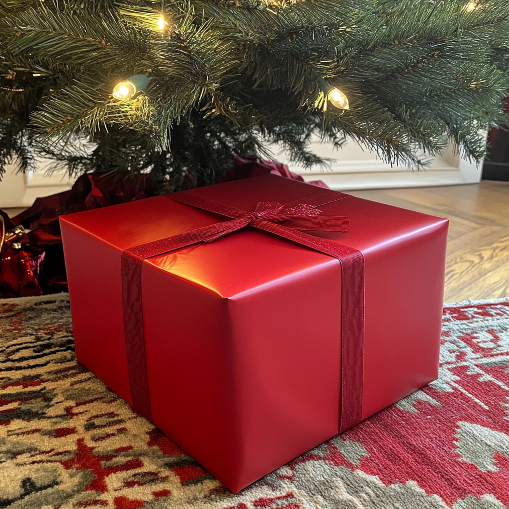 Rote Geschenkbox unter einem Weihnachtsbaum | Quelle: Midjourney