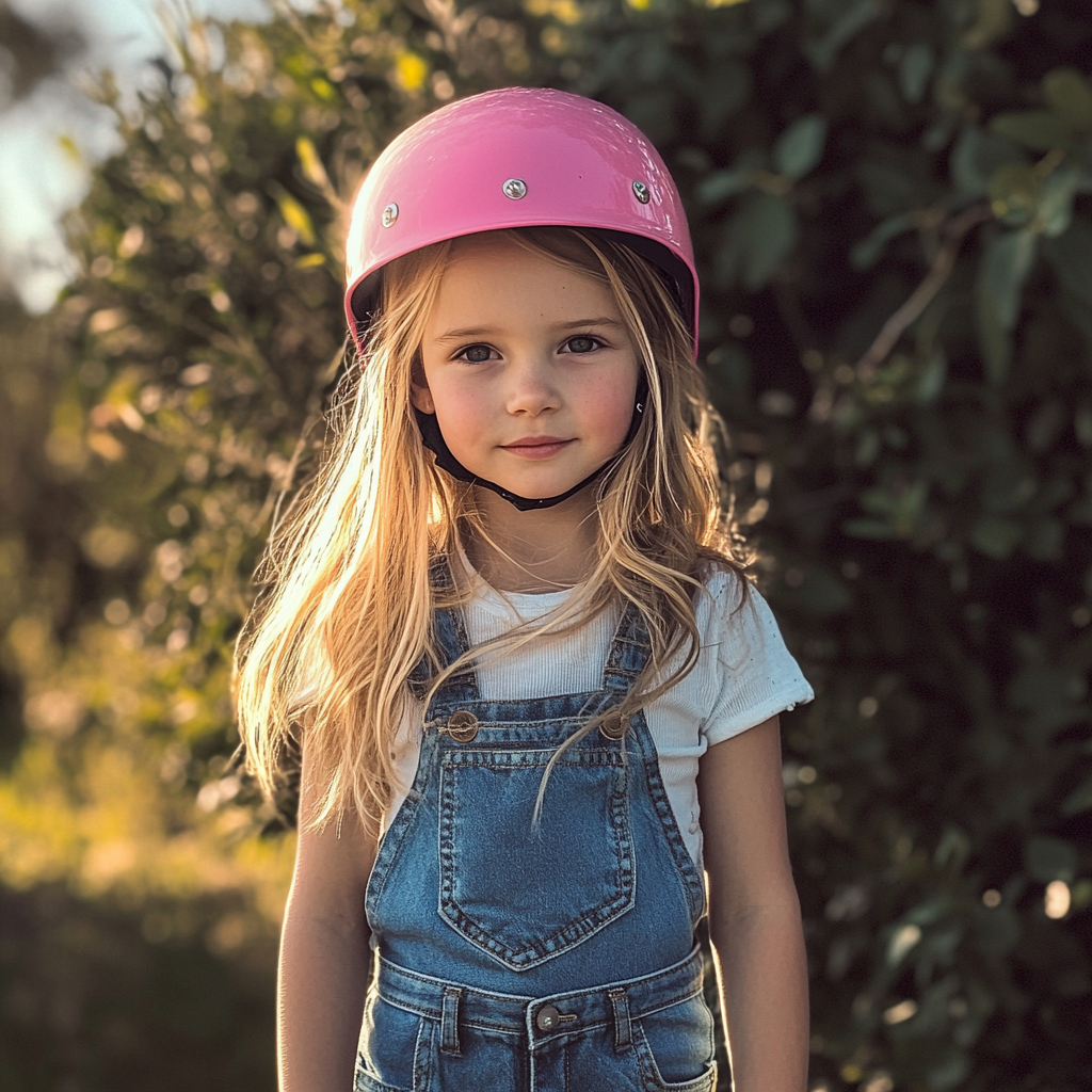 Ein kleines Mädchen trägt einen rosa Helm | Quelle: Midjourney