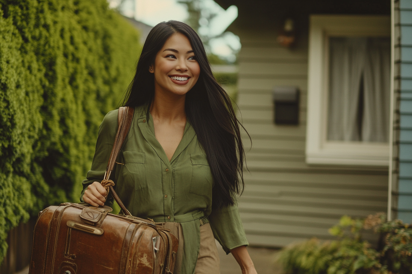 Eine Frau lächelt, als sie mit einer Tasche das Haus verlässt | Quelle: Midjourney