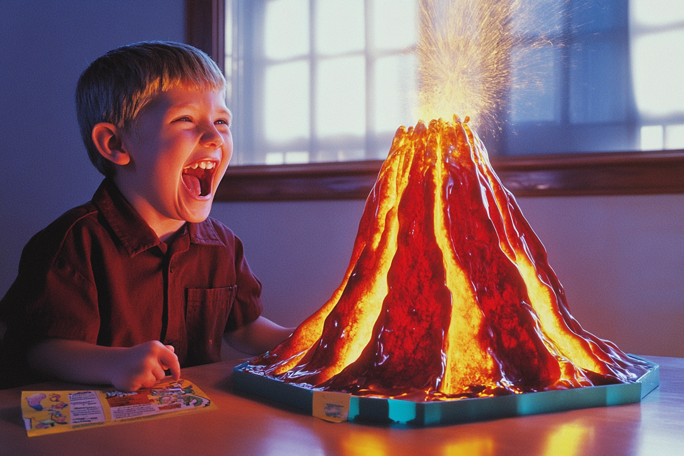 Uma criança ri enquanto um vulcão entra em erupção na mesa da sala de estar | Fonte: Midjourney