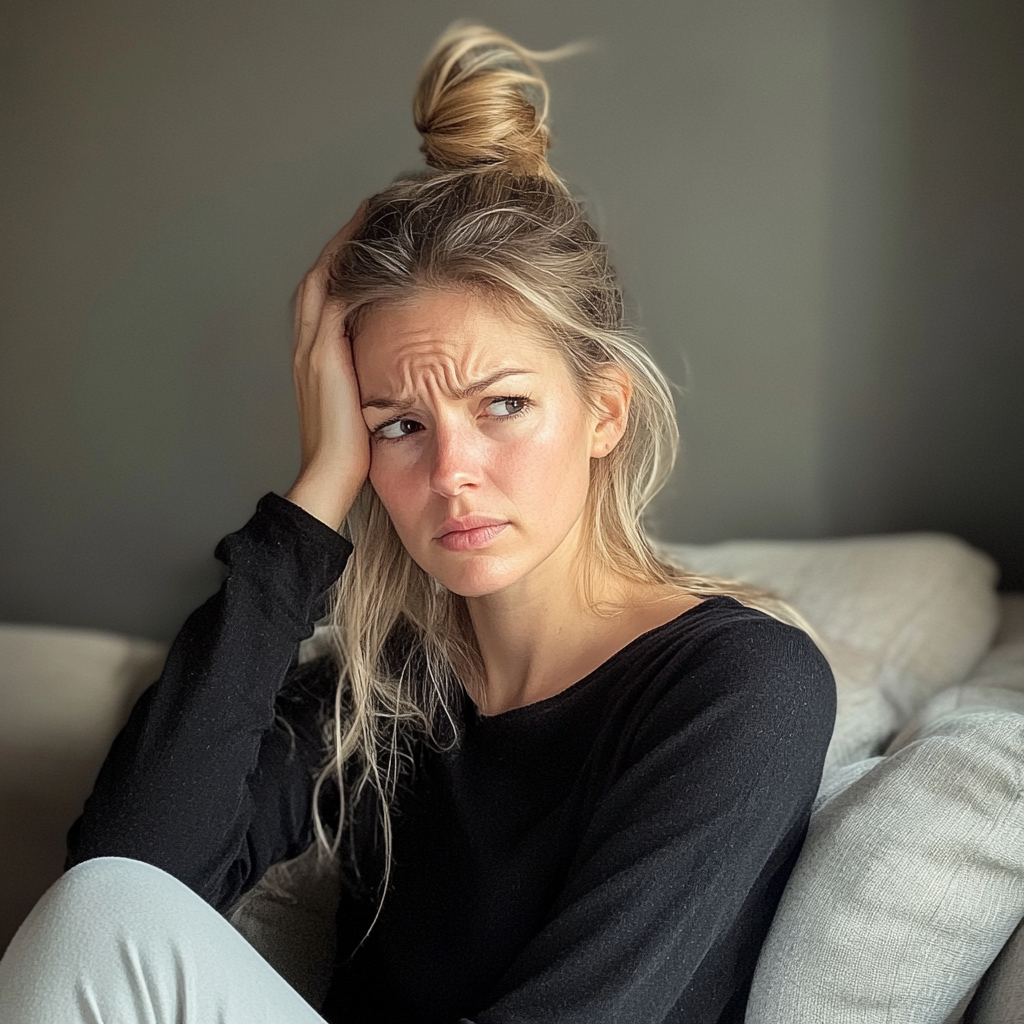 Eine aufgebrachte Frau sitzt auf einer Couch | Quelle: Midjourney