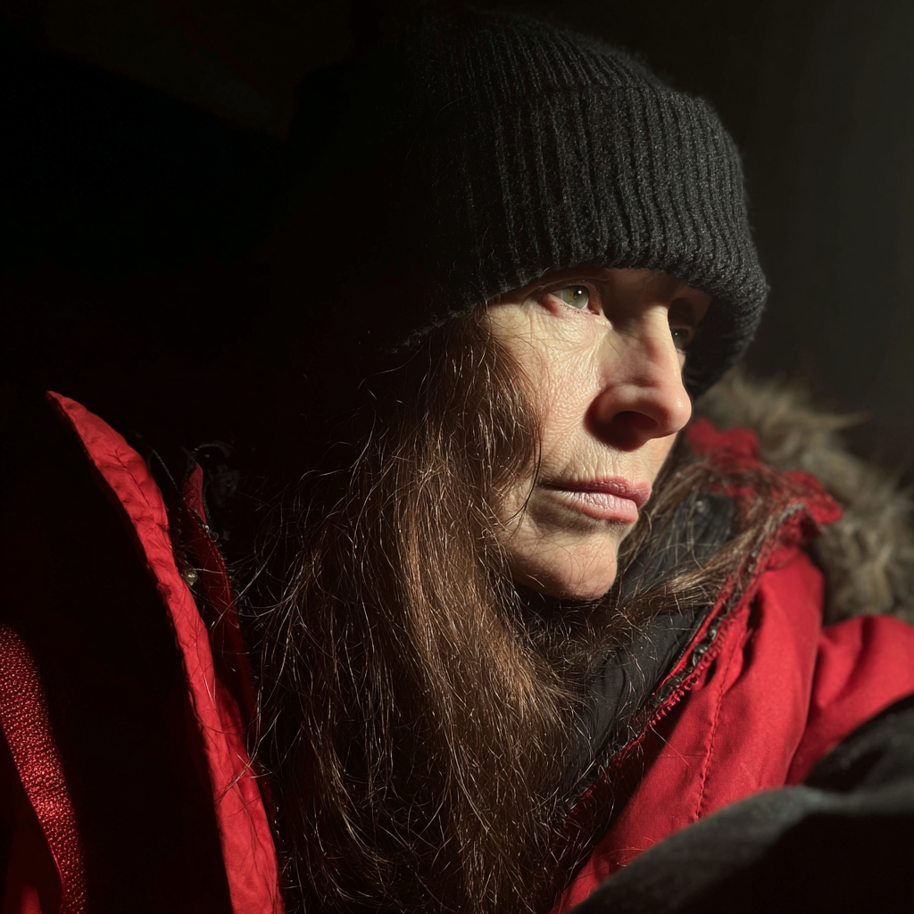 Eine Nahaufnahme einer älteren Frau, die einen Wintermantel trägt | Quelle: Midjourney