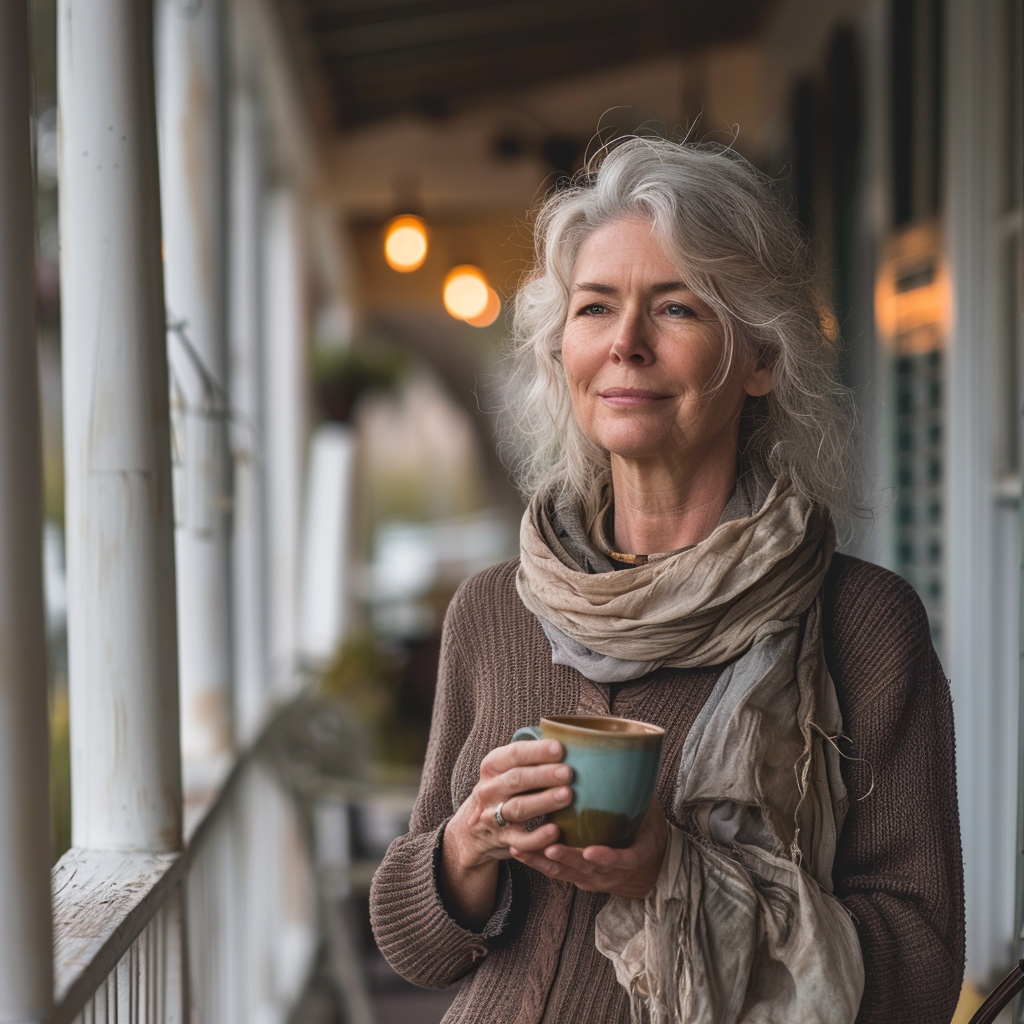 Eine ältere Frau mit einer Tasse Kaffee in der Hand, während sie auf der Veranda steht | Quelle: Midjourney