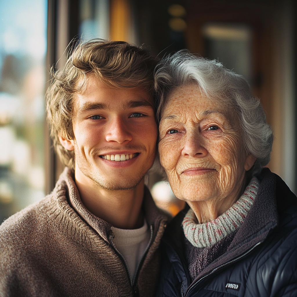 Ein glücklicher Mann posiert mit seiner Mutter | Quelle: Midjourney