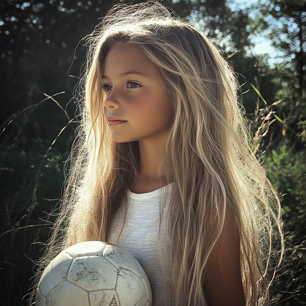 Ein kleines Mädchen hält einen Fußball | Quelle: Midjourney