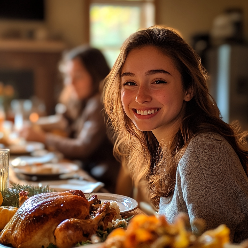 Ein lächelndes Mädchen bei einem Abendessen | Quelle: Midjourney