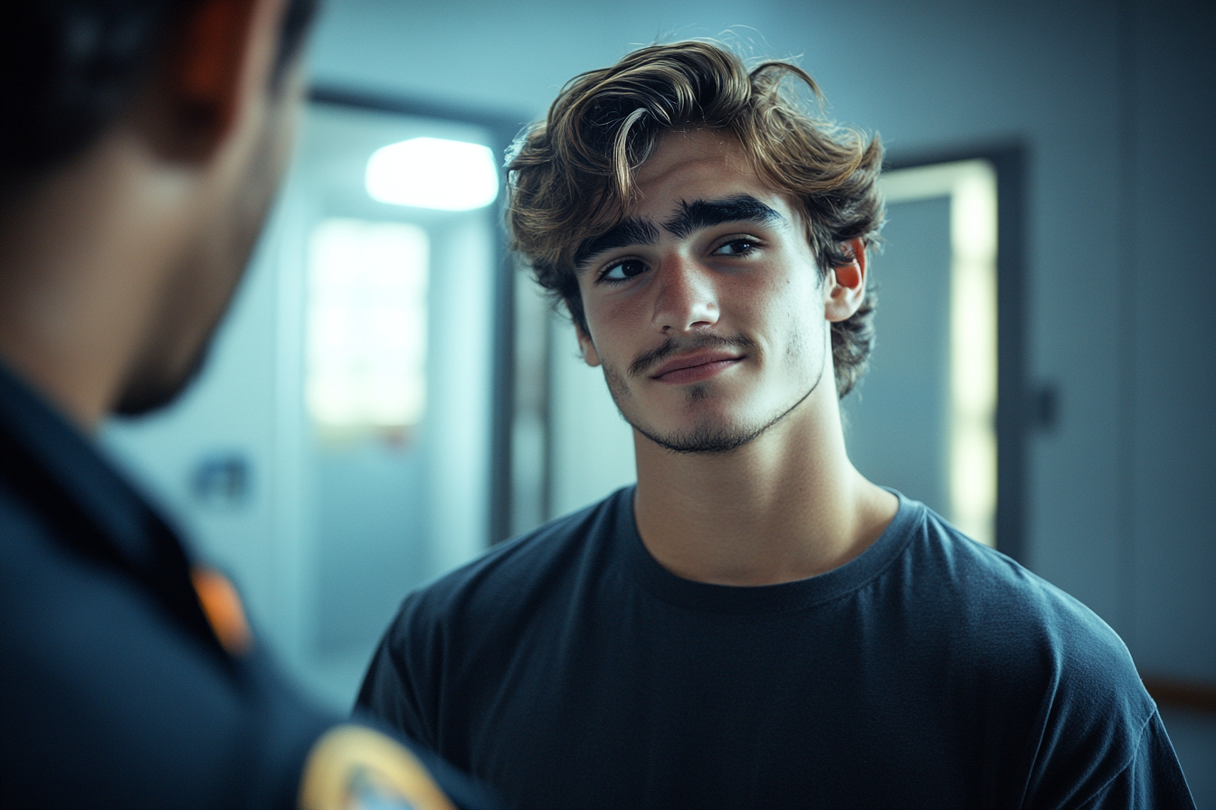 Ein junger Mann im Gespräch mit einem Polizeibeamten | Quelle: Midjourney