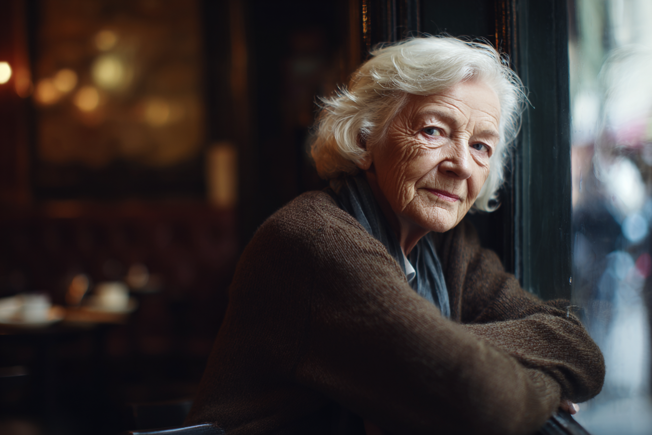 Eine ältere Frau sitzt in einem Café | Quelle: Midjourney