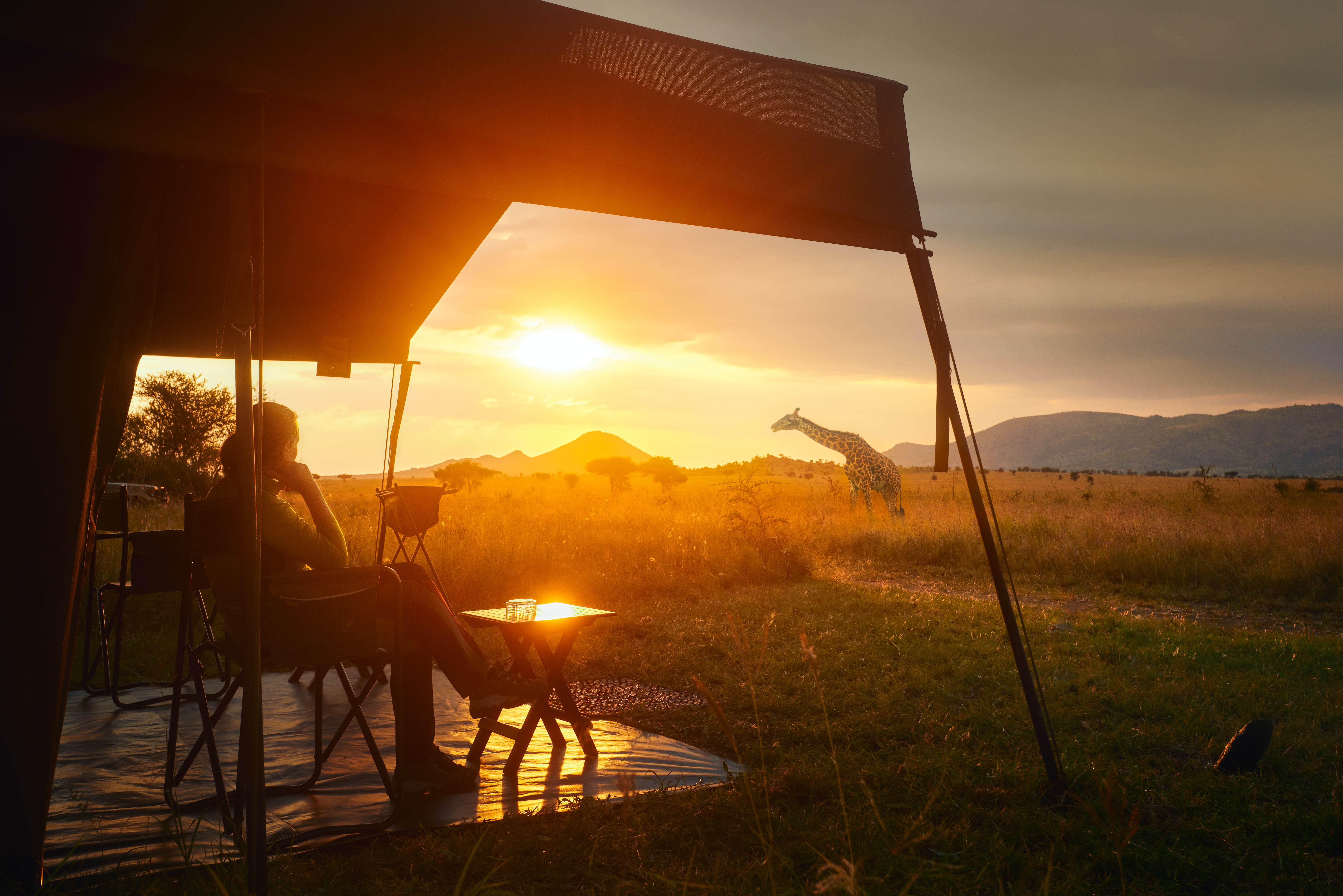 Eine Frau entspannt sich in einer Safari-Lodge mit einer Giraffe im Hintergrund | Quelle: Shutterstock