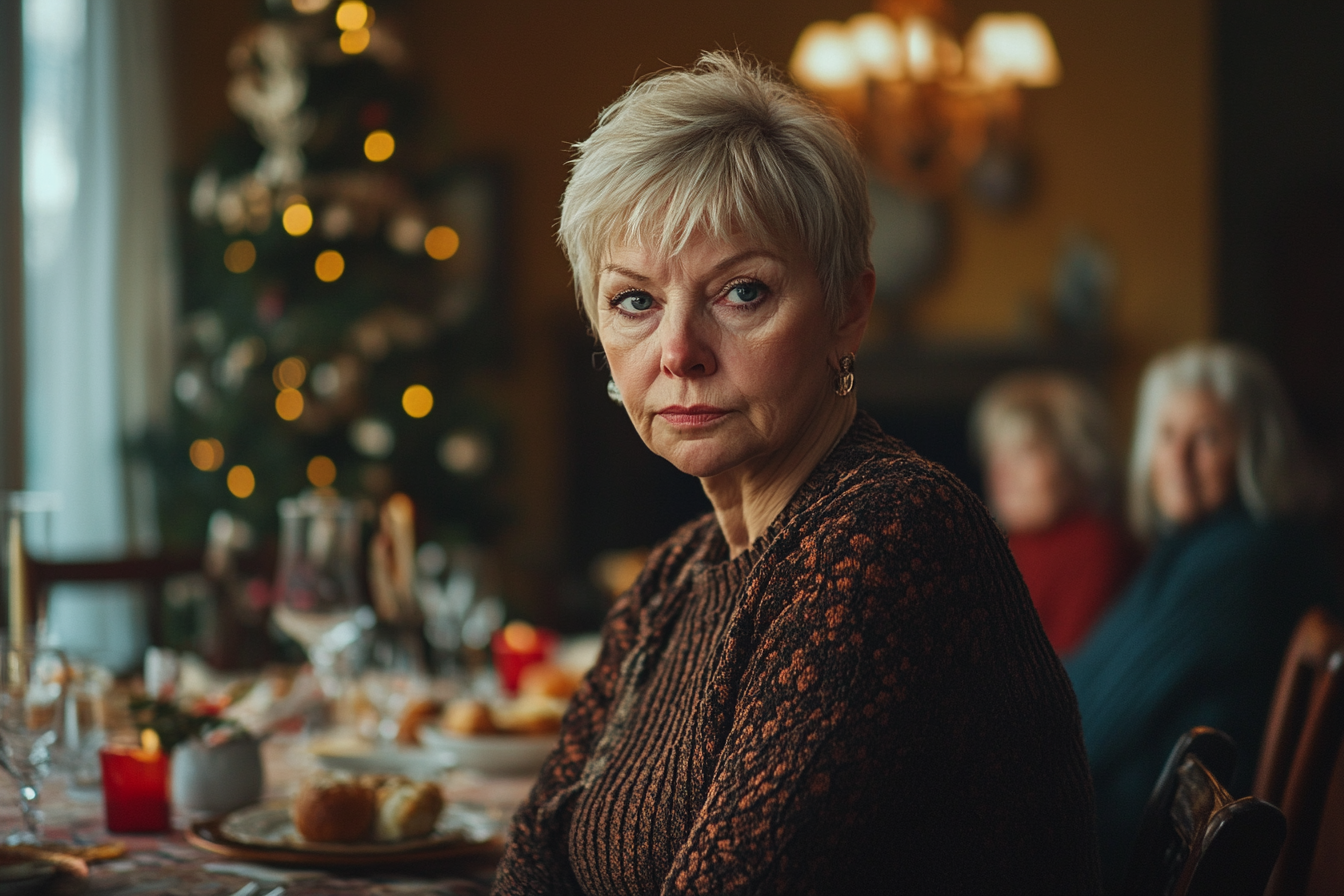 Eine Frau in den 60ern mit ernstem Blick am Esstisch während eines Weihnachtsessens | Quelle: Midjourney