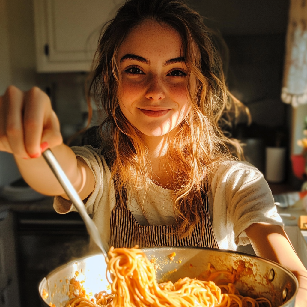 Eine Frau beim Kochen mit einem gezwungenen Lächeln | Quelle: Midjourney