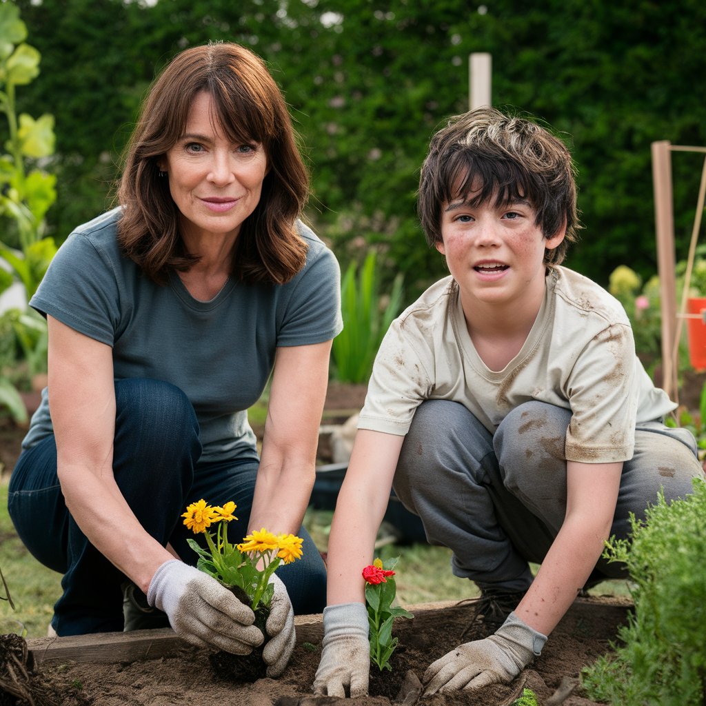 Eine Frau und ein Junge arbeiten in einem Garten und pflanzen Blumen | Quelle: Midjourney