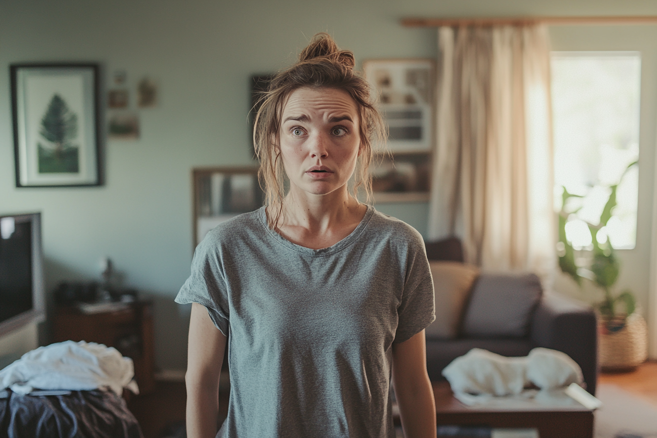 Eine erschöpfte Frau in einem unordentlichen Wohnzimmer | Quelle: Midjourney
