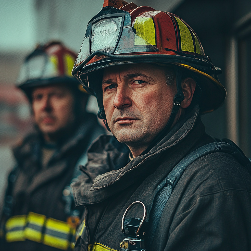 Zwei Feuerwehrleute schauen zur Seite | Quelle: Midjourney