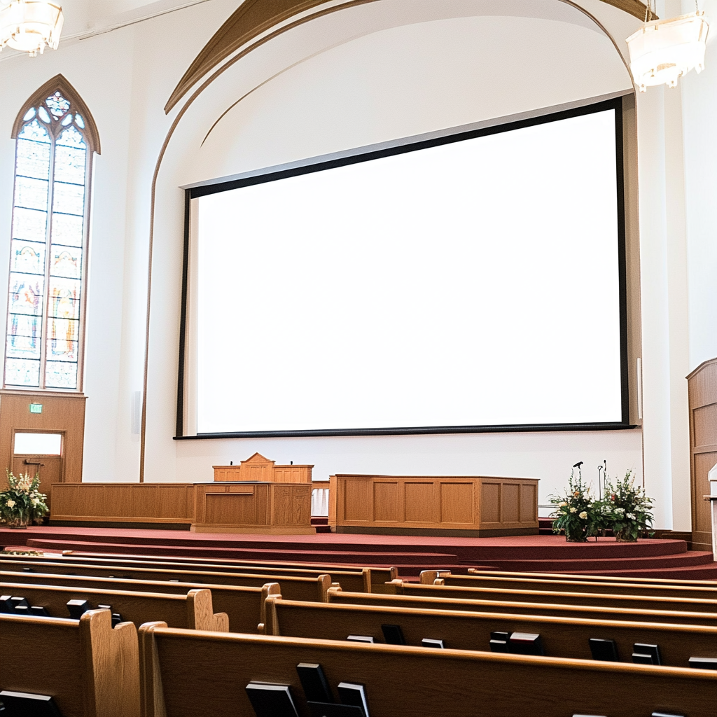 Ein AV-Bildschirm in einer Kirche | Quelle: Midjourney