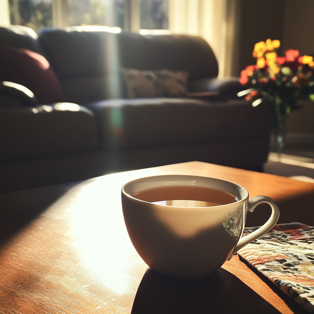 Eine Tasse Tee auf einem Kaffeetisch | Quelle: Midjourney