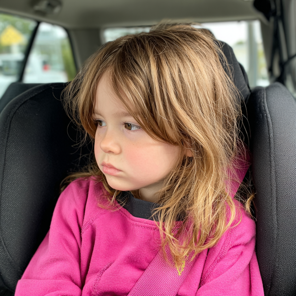 Ein kleines Mädchen sitzt in einer Sitzerhöhung im Auto | Quelle: Midjourney