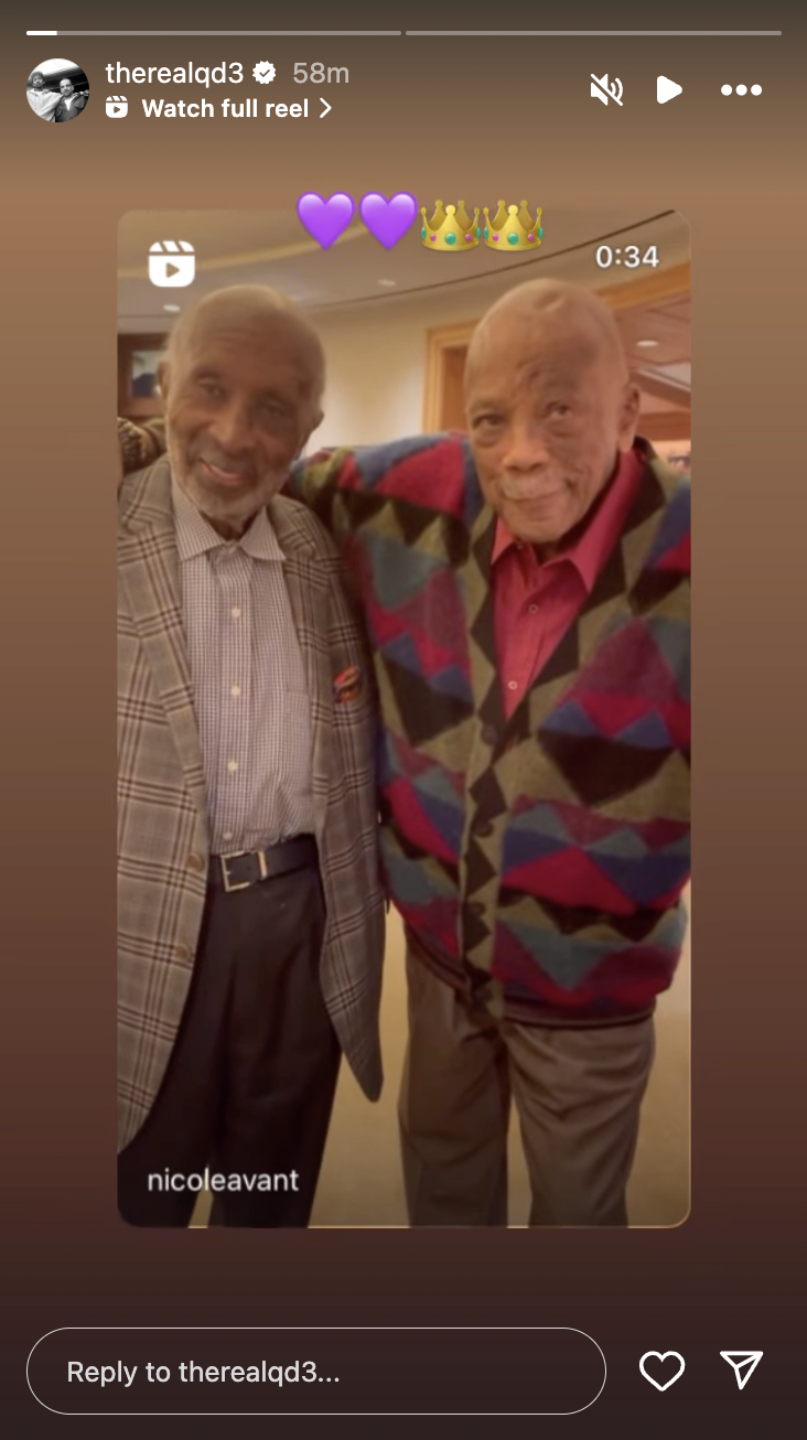 Quincy Jones III postet am 4. November 2024 eine Hommage an Quincy Jones auf seinen Instagram Stories | Quelle: Instagram/therealqd3/