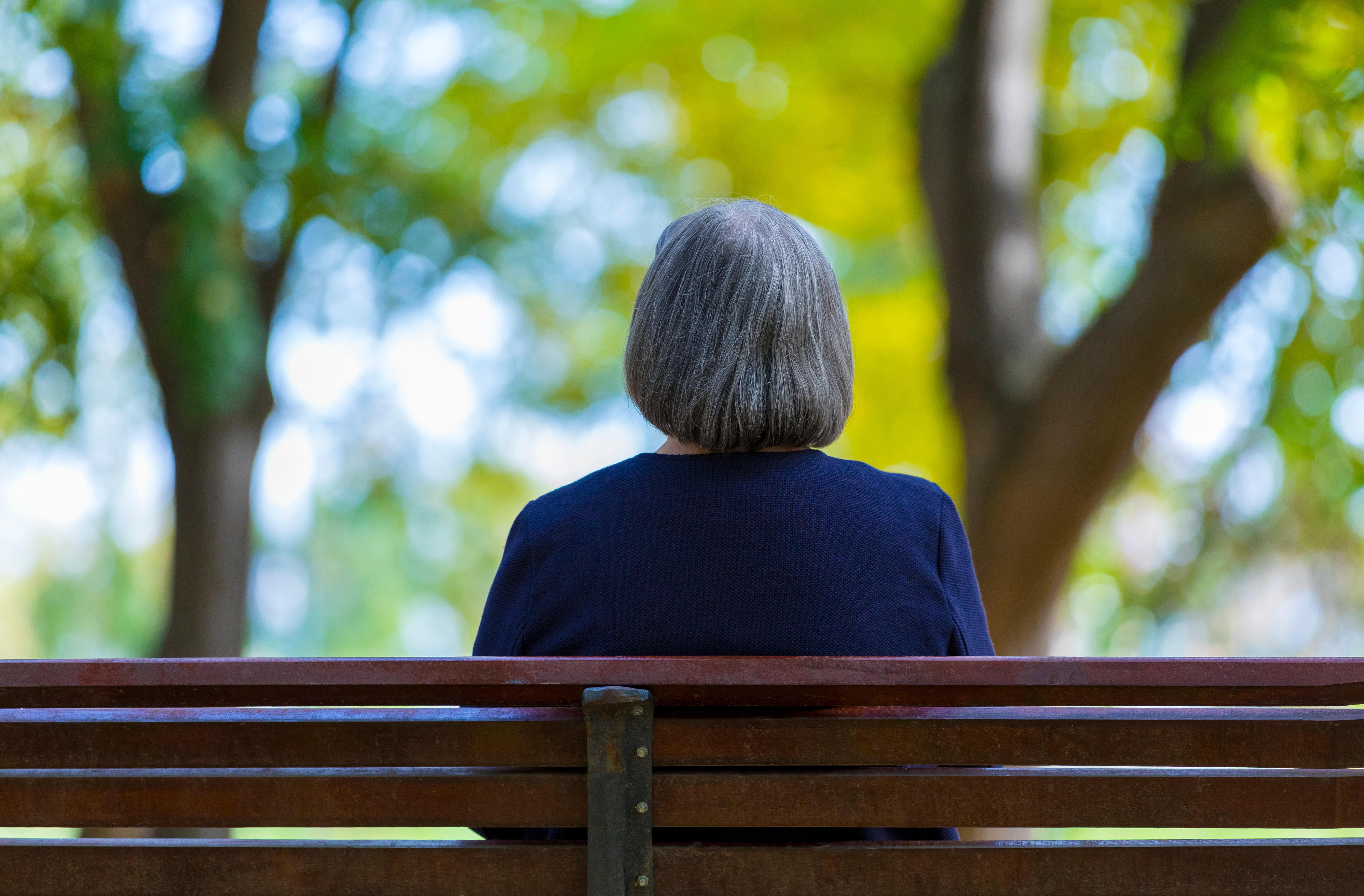 Rückenansicht einer älteren Frau, die allein auf einer Bank im Freien sitzt | Quelle: Shutterstock