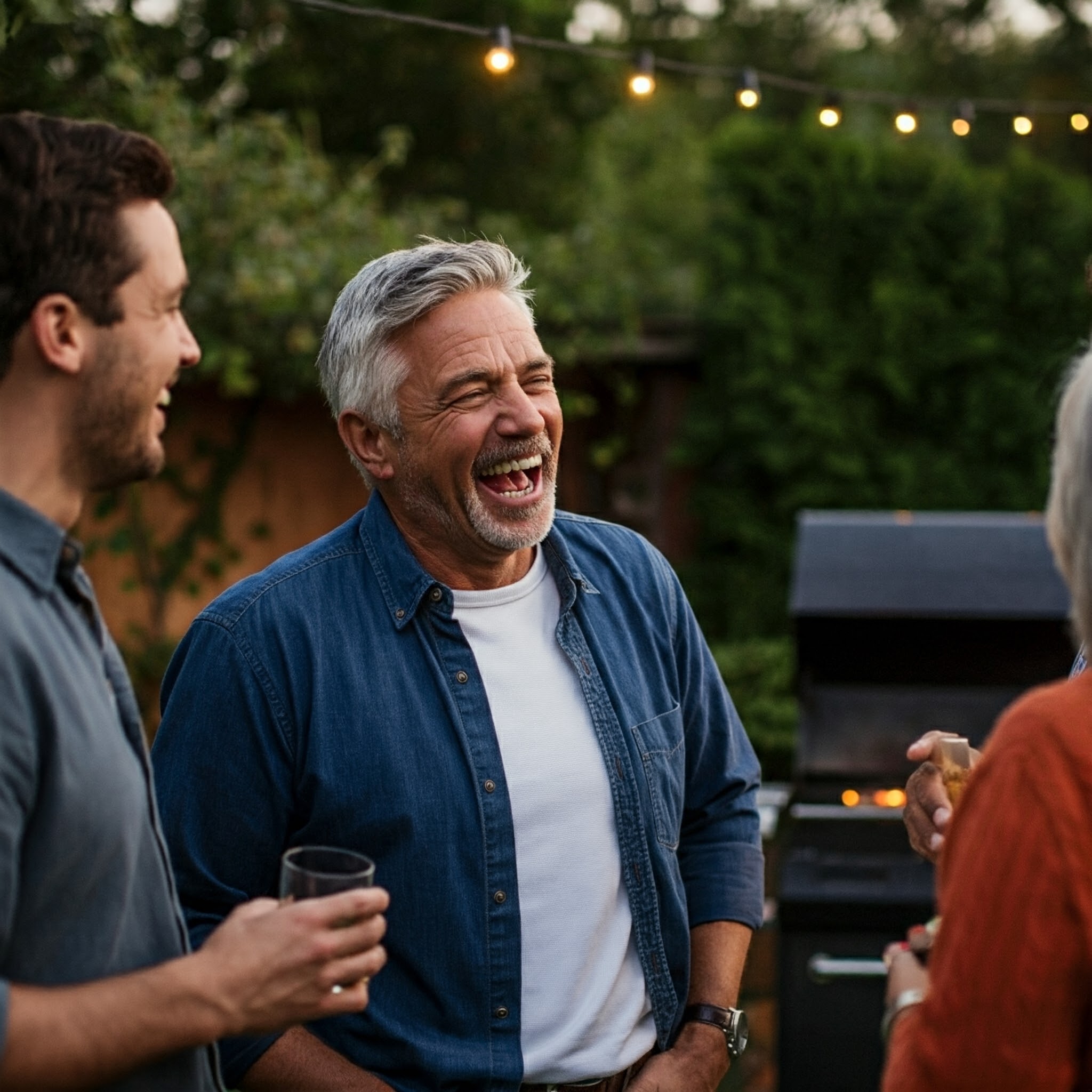 Ein Mann lacht bei einer Grillparty | Quelle: Gemini