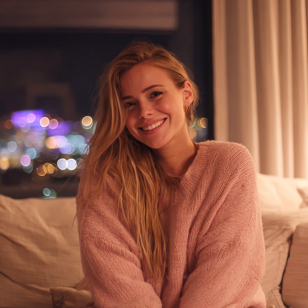 Eine lächelnde junge Frau, die auf einer Couch sitzt | Quelle: Midjourney
