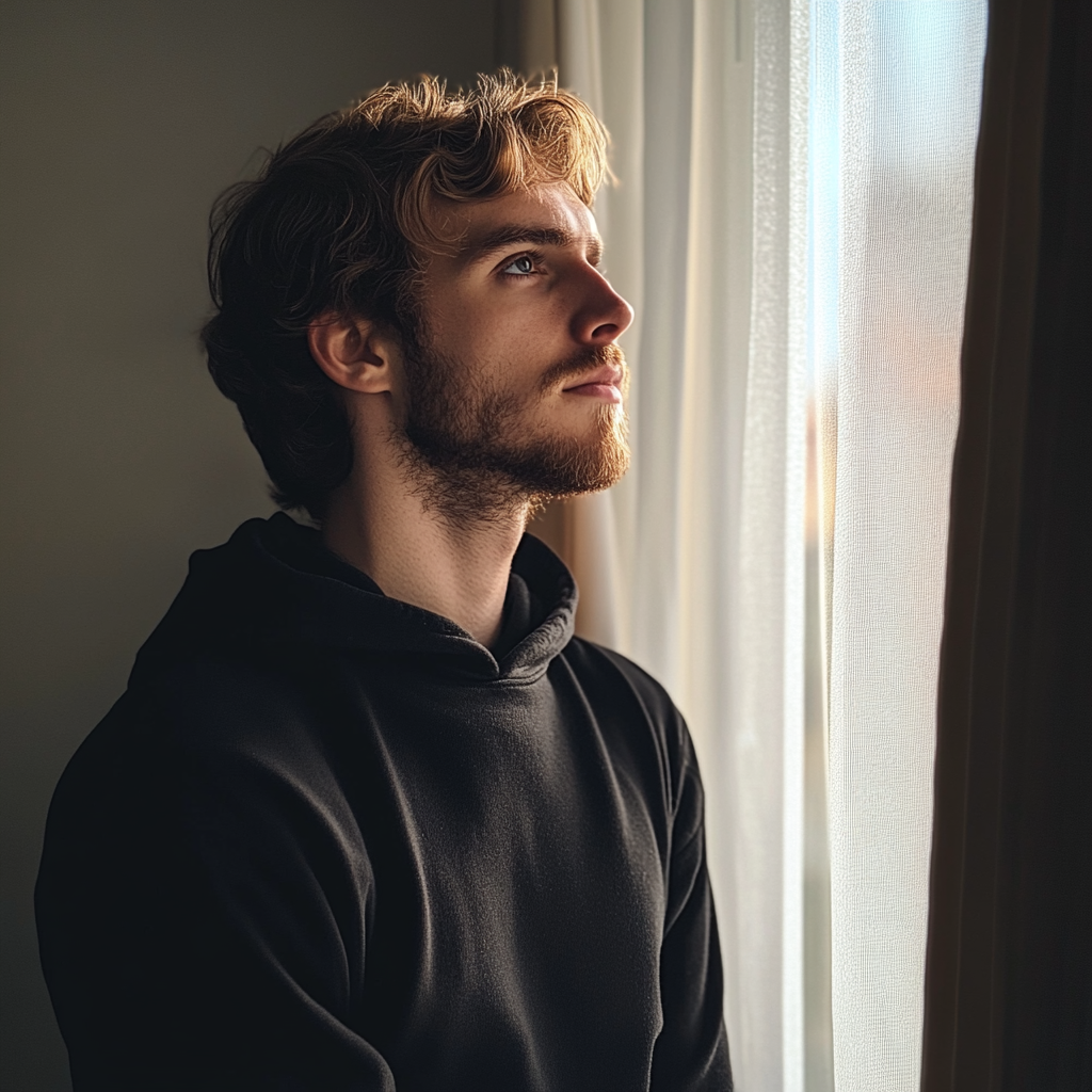 Ein nachdenklicher Mann, der aus einem Fenster schaut | Quelle: Midjourney