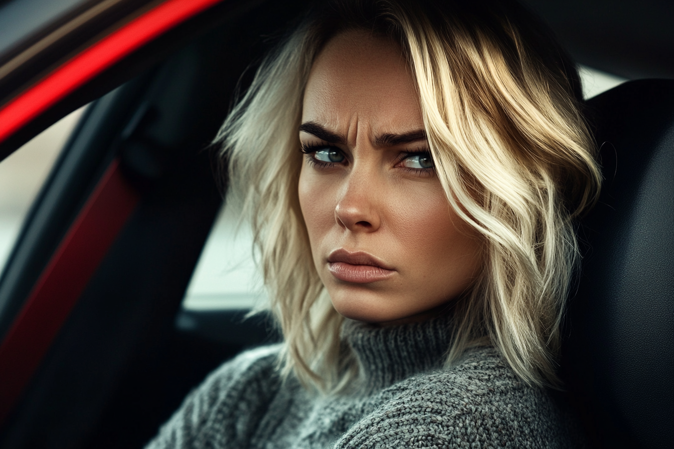 Eine stirnrunzelnde Frau in einem Auto | Quelle: Midjourney